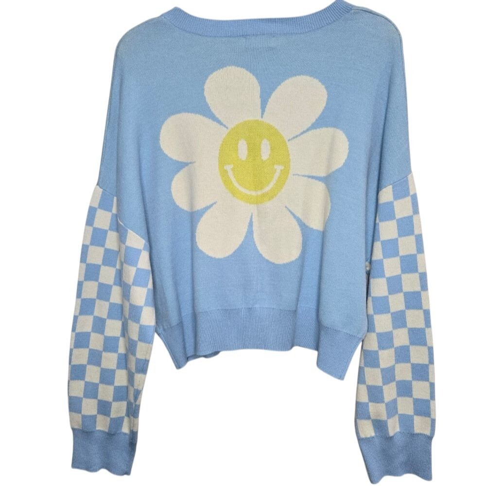 Originality Blue Checkered Sleeve Cardigan With Daisy On Back